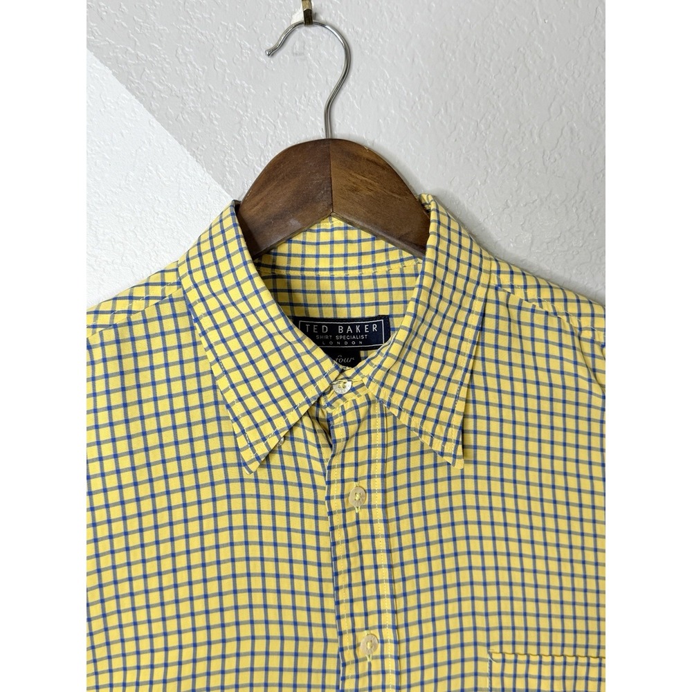 Vintage Ted Baker Shirt Specialist London Mens 4 Yellow Blue Check Button Up XL - Picture 7 of 16